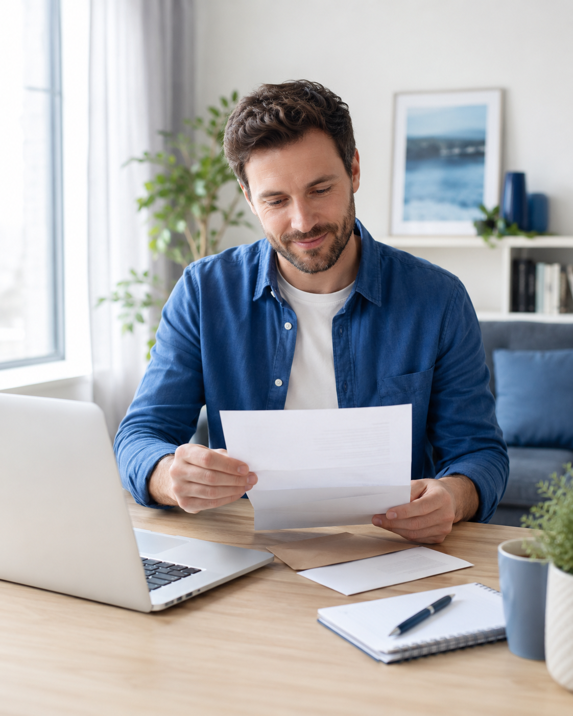 Personne consultant des documents de résiliation à son domicile