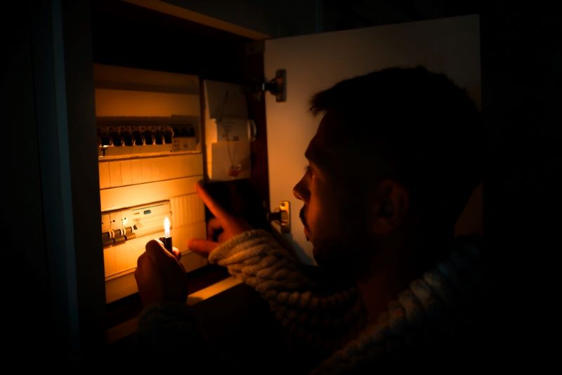 Un homme s'éclaire avec son briquet pour identifier une panne électrique sur son tableau