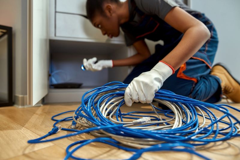 Femme technicienne Orange à genoux pour raccorder les câbles et permettre la connexion internet à ses clients.