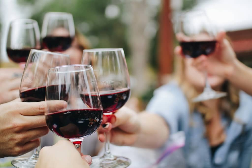 groupe d'amis trinquant avec des verres de vin rouge reçu dans la box Trois Fois Vin